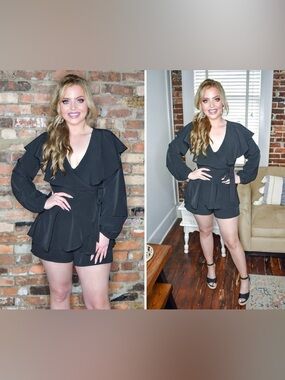 Perfectly Priscilla Ruffle Detail Long Sleeve Wrap Romper Size 3X Black